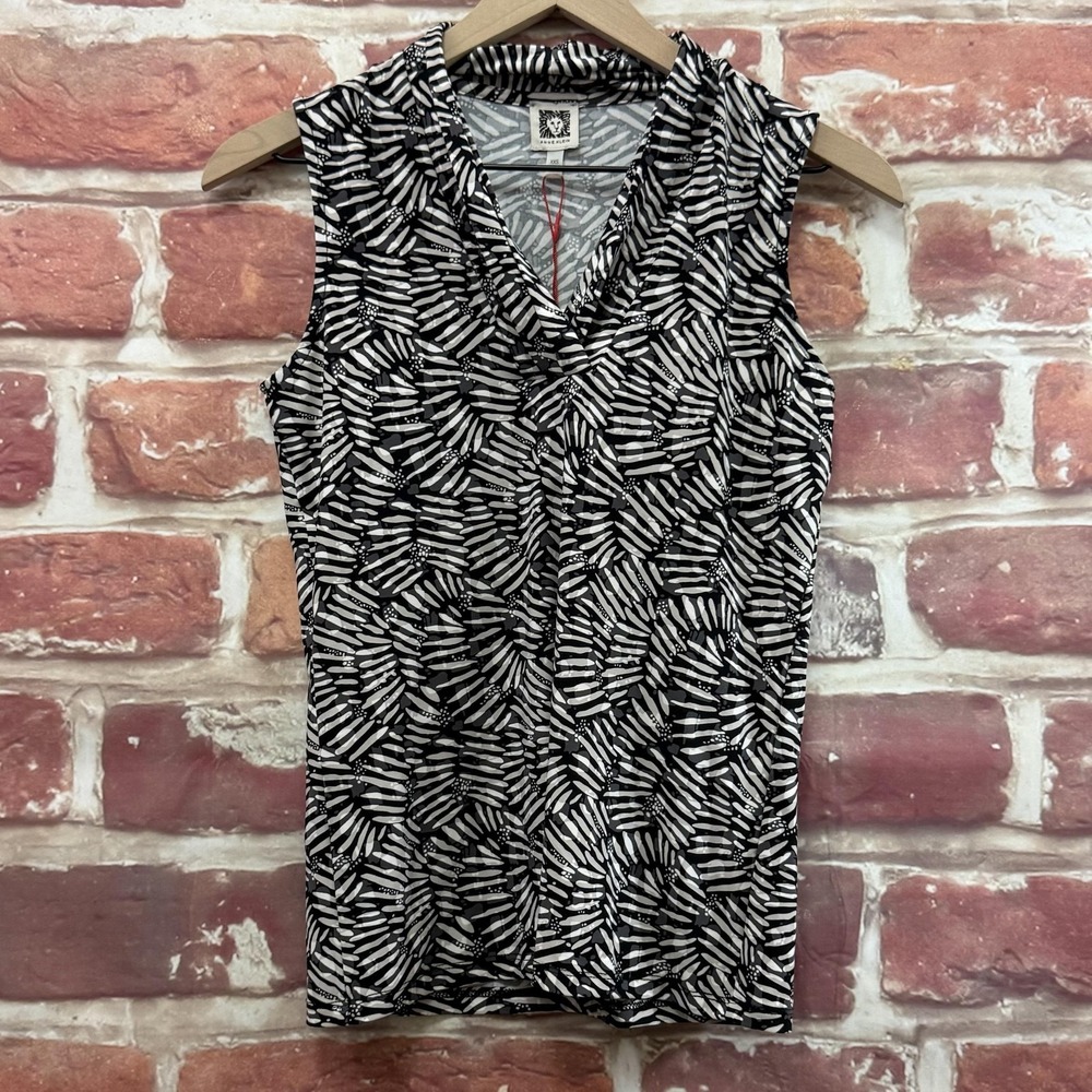Anne Klein Top Women's XXS Black Taupe Striped Abstract Pleated Stretchy Shirt